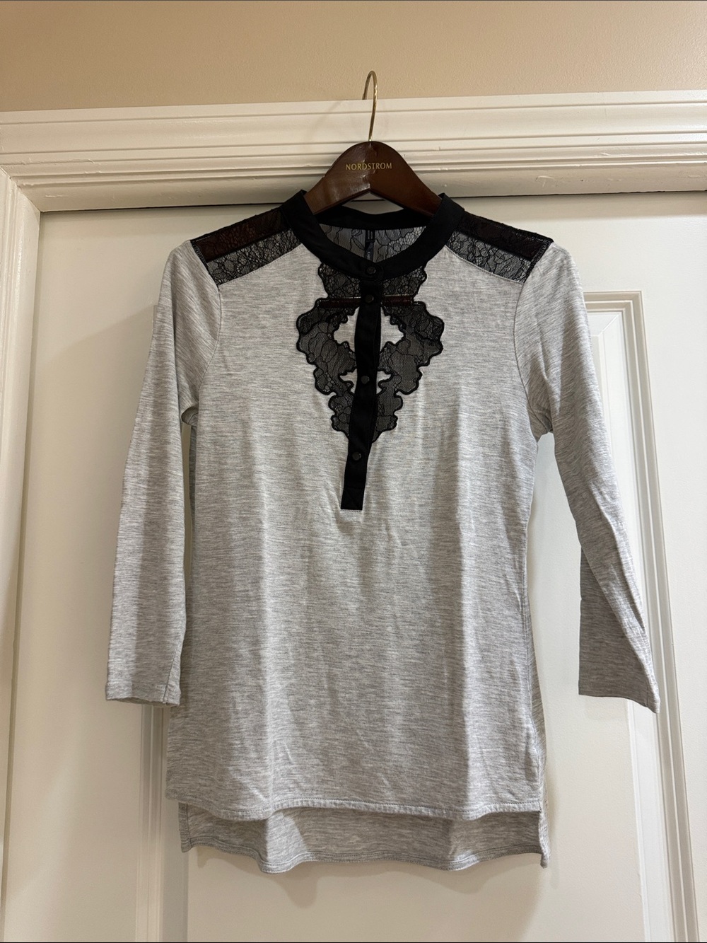 Karen Millen Light Gray Long Sleeve Top with Black Lace Trim
